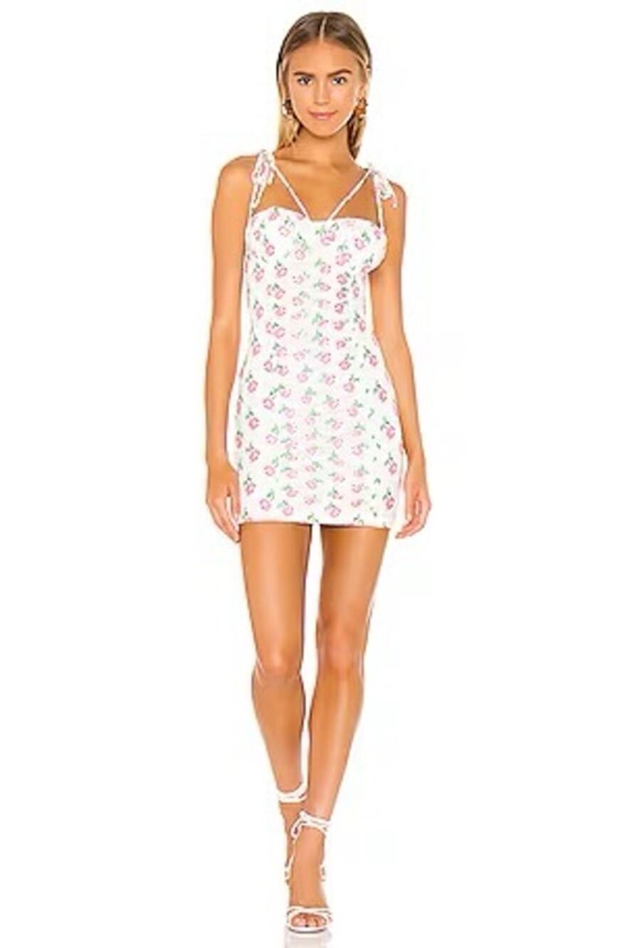 Superdown Daria XXS White & Pink Flower Ruched Strappy Mini Dress